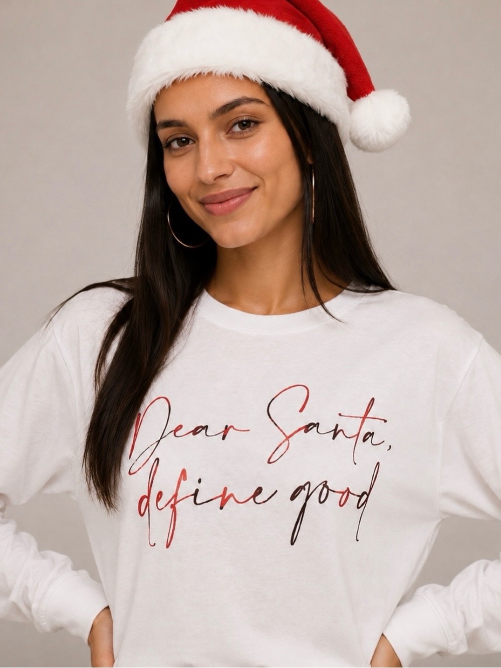 “Dear Santa, define good” White Crop Long Sleeve 100% Cotton Tee New without tag